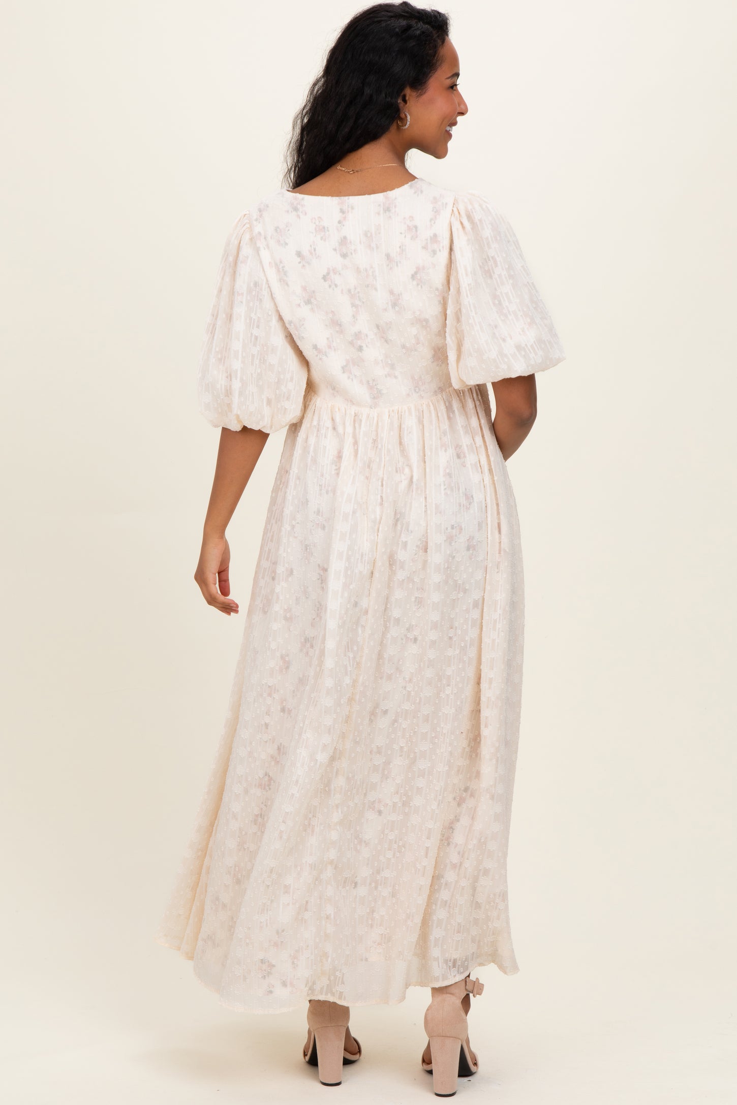 Cream Floral Textured Chiffon Overlay Maternity Maxi Dress