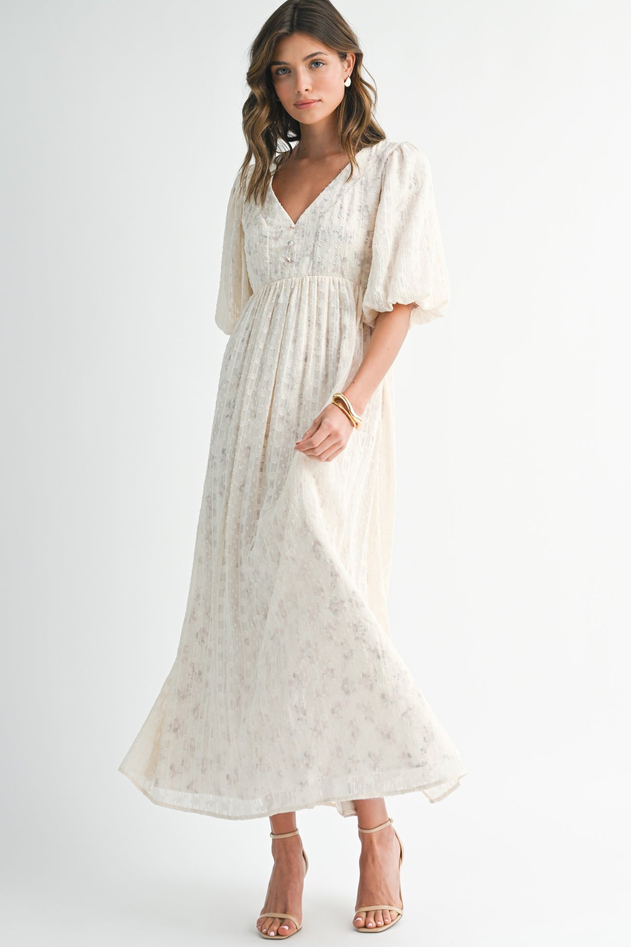 Cream Floral Textured Chiffon Overlay Maternity Maxi Dress
