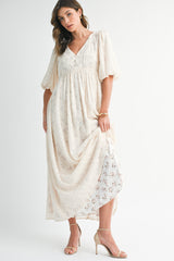 Cream Floral Textured Chiffon Overlay Maxi Dress