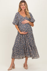 Blue Floral Sweetheart Neckline Puff Sleeve Maternity Maxi Dress