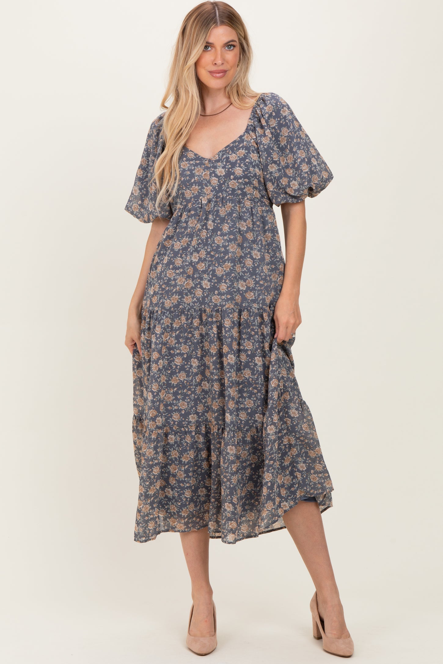 Blue Floral Sweetheart Neckline Puff Sleeve Maxi Dress