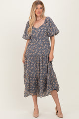 Blue Floral Sweetheart Neckline Puff Sleeve Maxi Dress