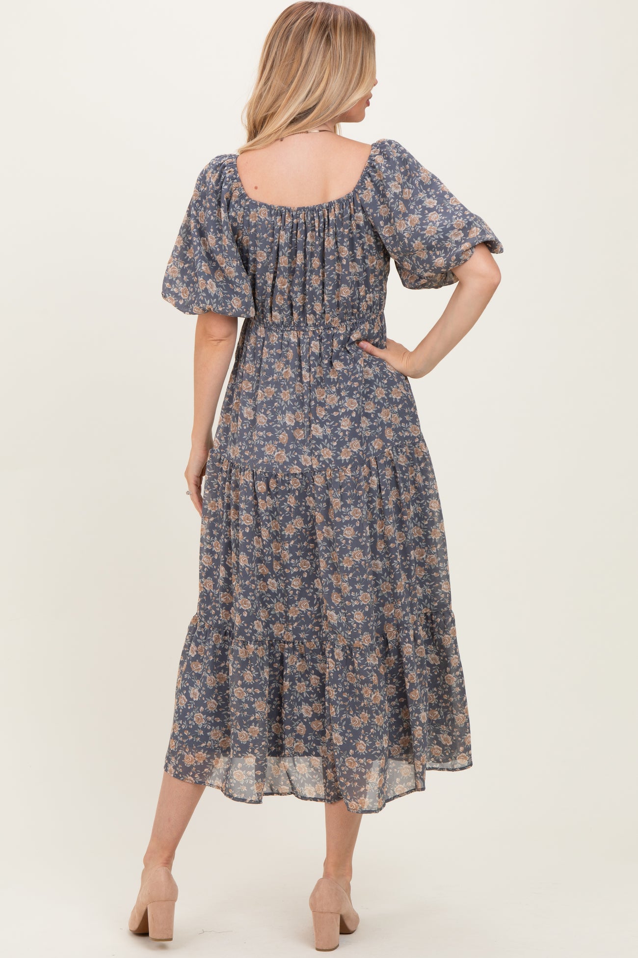 Blue Floral Sweetheart Neckline Puff Sleeve Maxi Dress