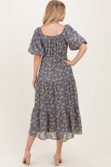 Blue Floral Sweetheart Neckline Puff Sleeve Maxi Dress