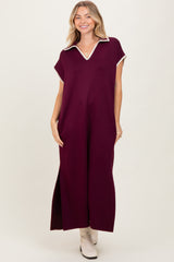 Burgundy Collared Stitch Detail Short Sleeve Maternity Midi Dress