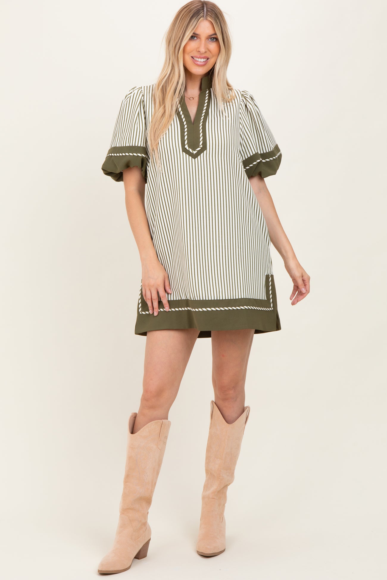 Olive Striped Contrast Border Mini Dress