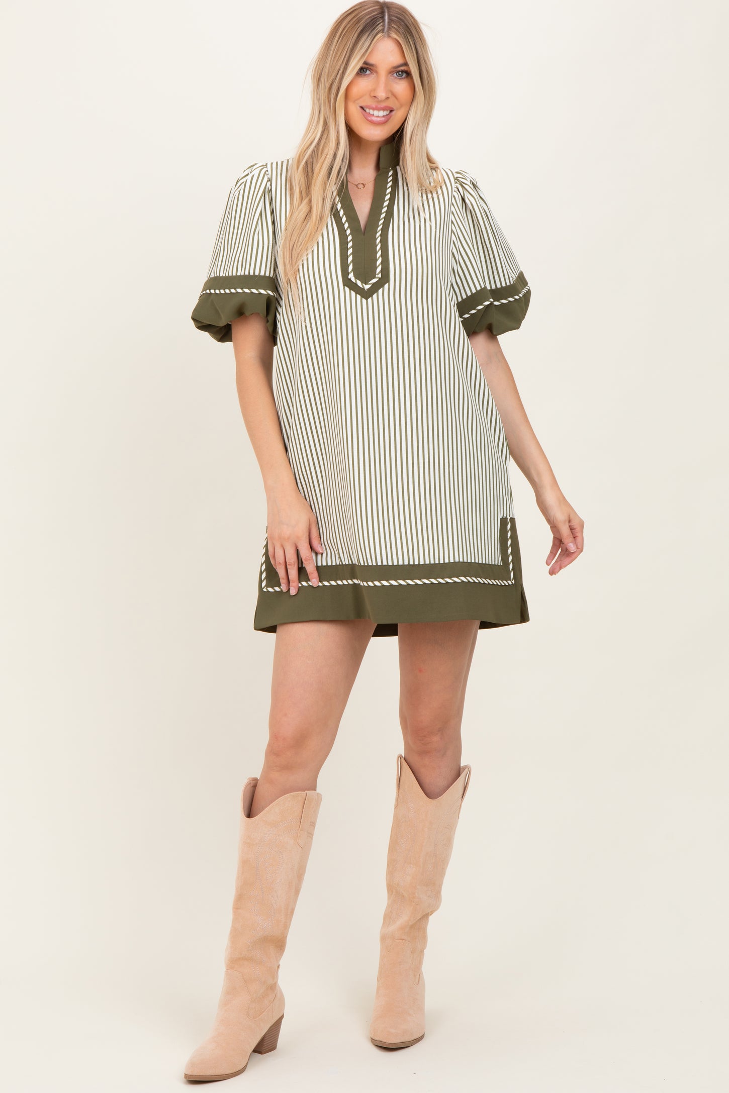 Olive Striped Contrast Border Mini Dress