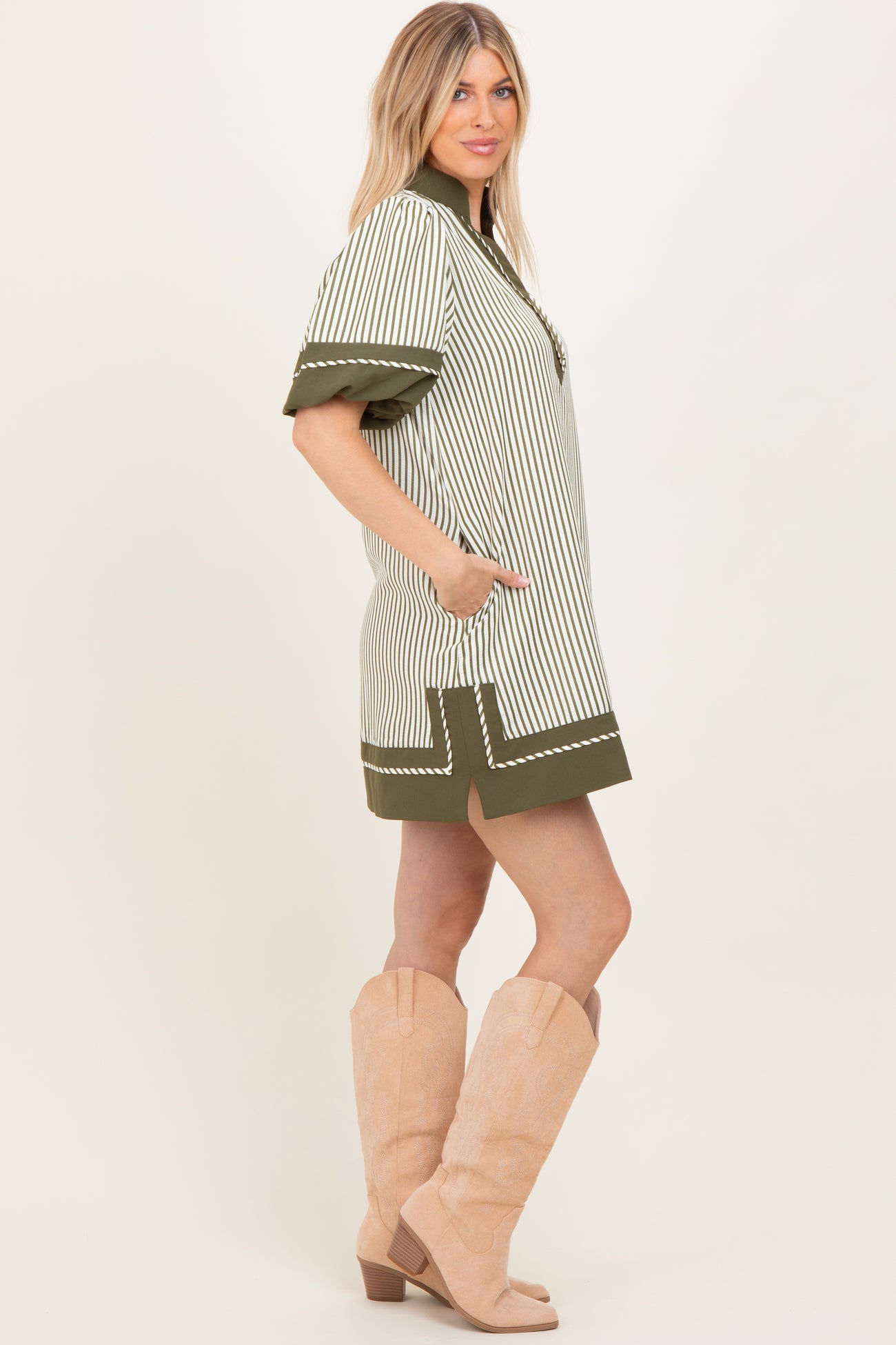 Olive Striped Contrast Border Mini Dress