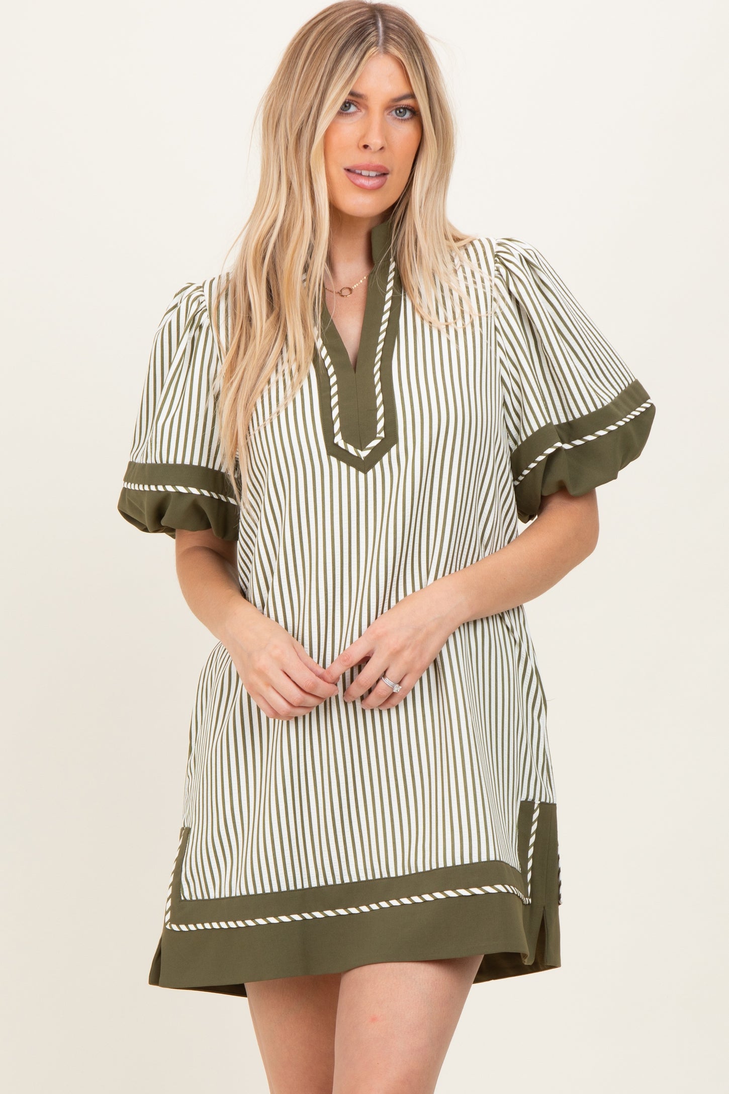 Olive Striped Contrast Border Mini Dress