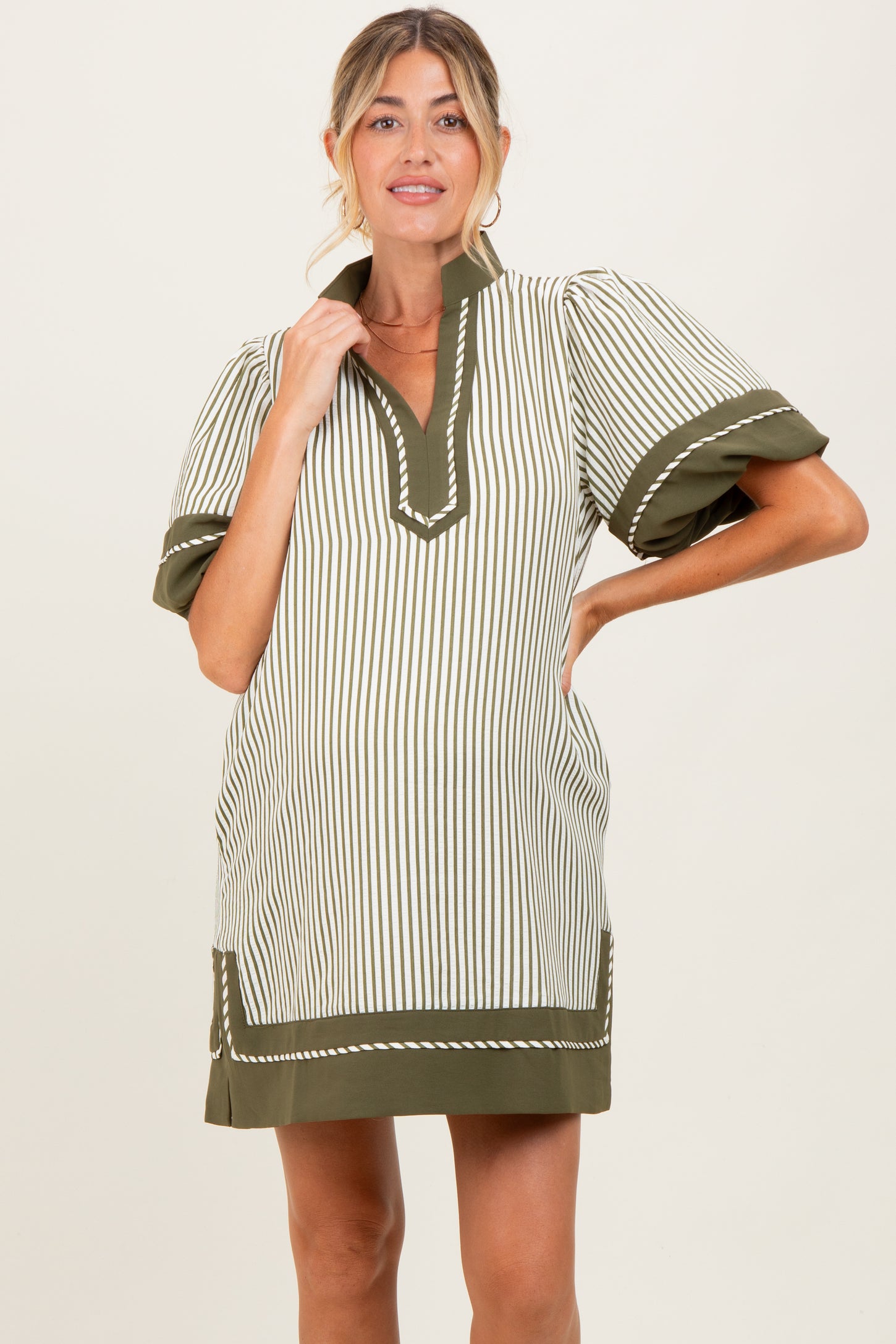 Olive Striped Contrast Border Maternity Mini Dress