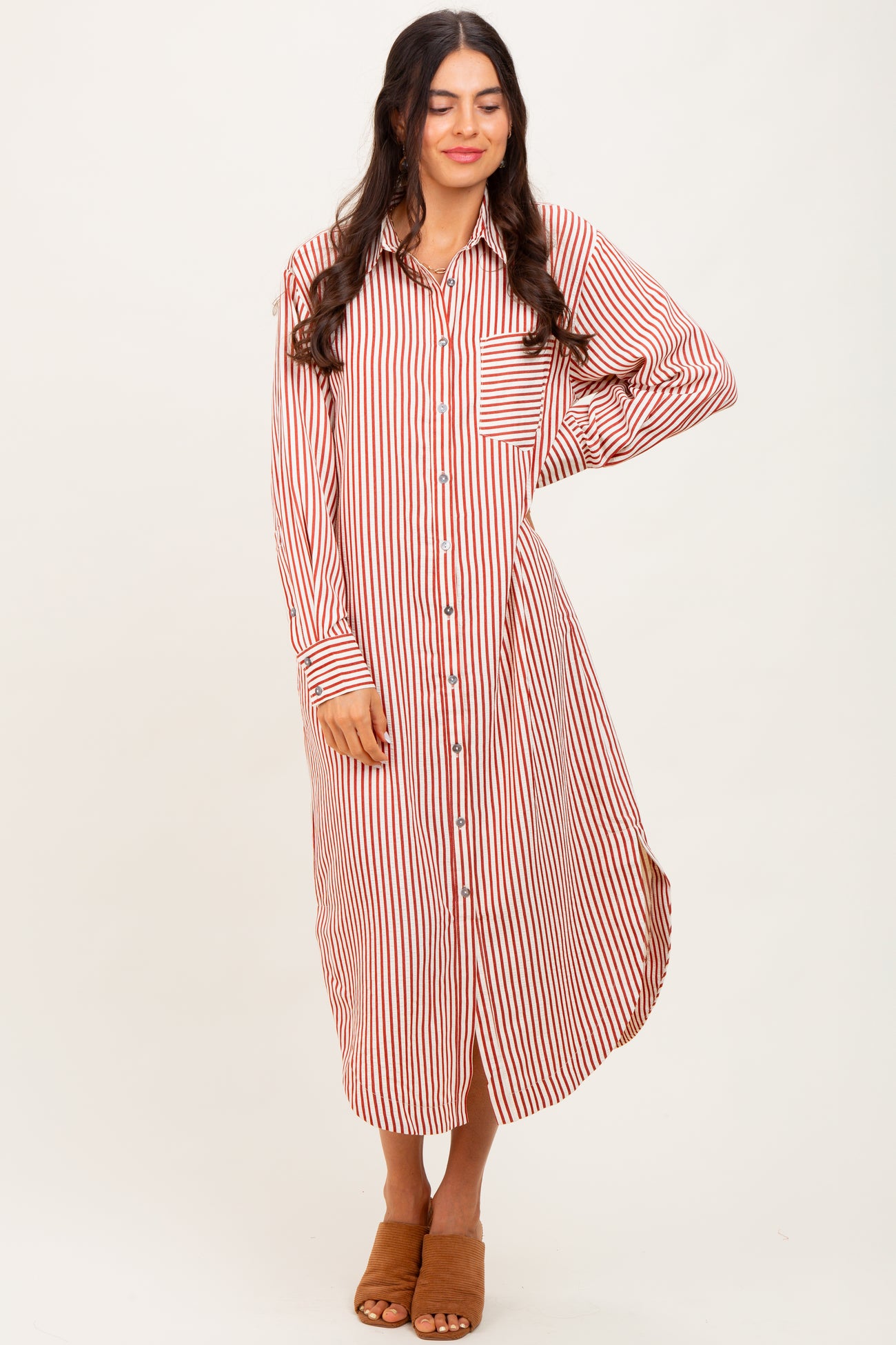 Rust Textured Stripe Button Down Shirt Dress