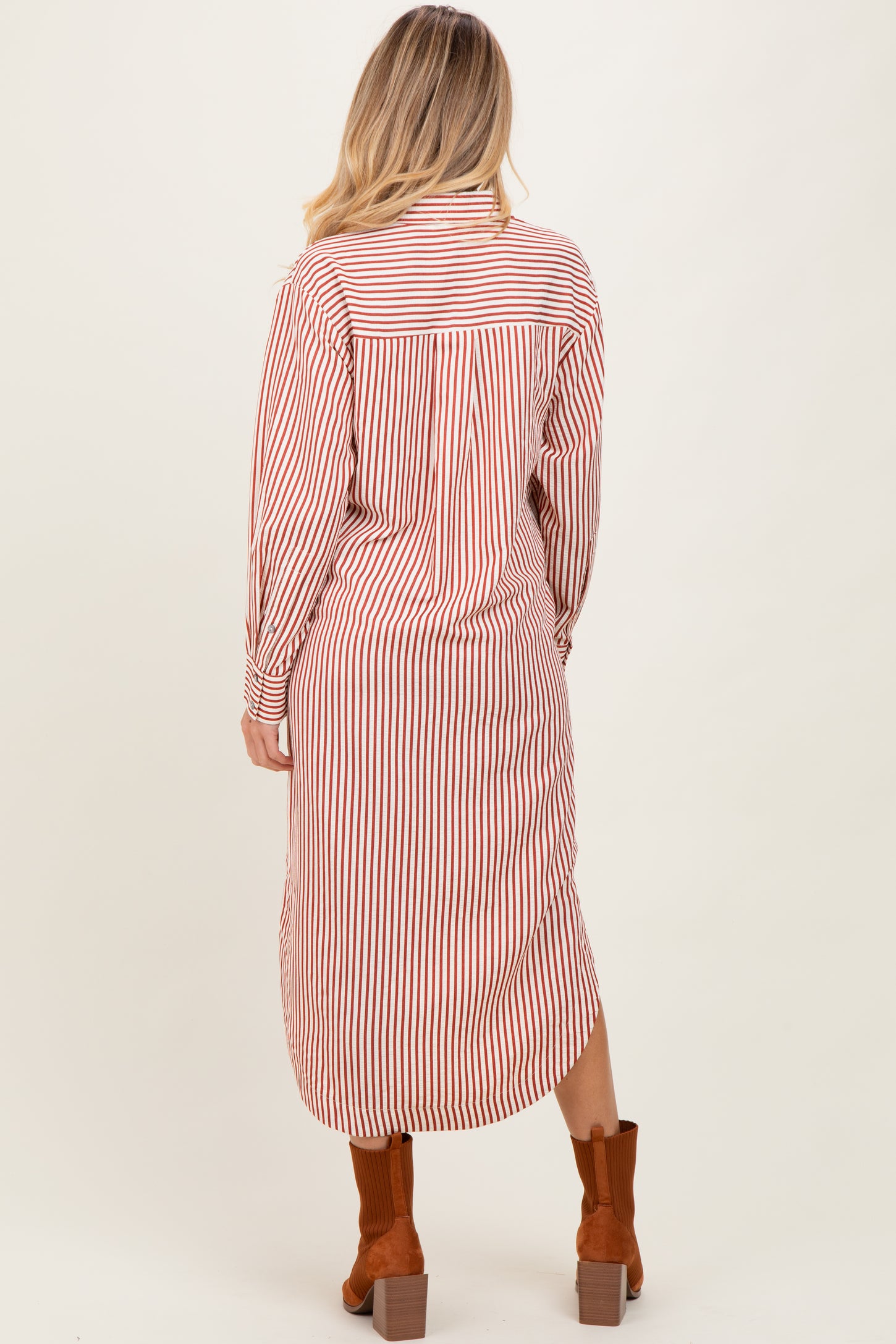 Rust Textured Stripe Button Down Maternity Shirt Dress