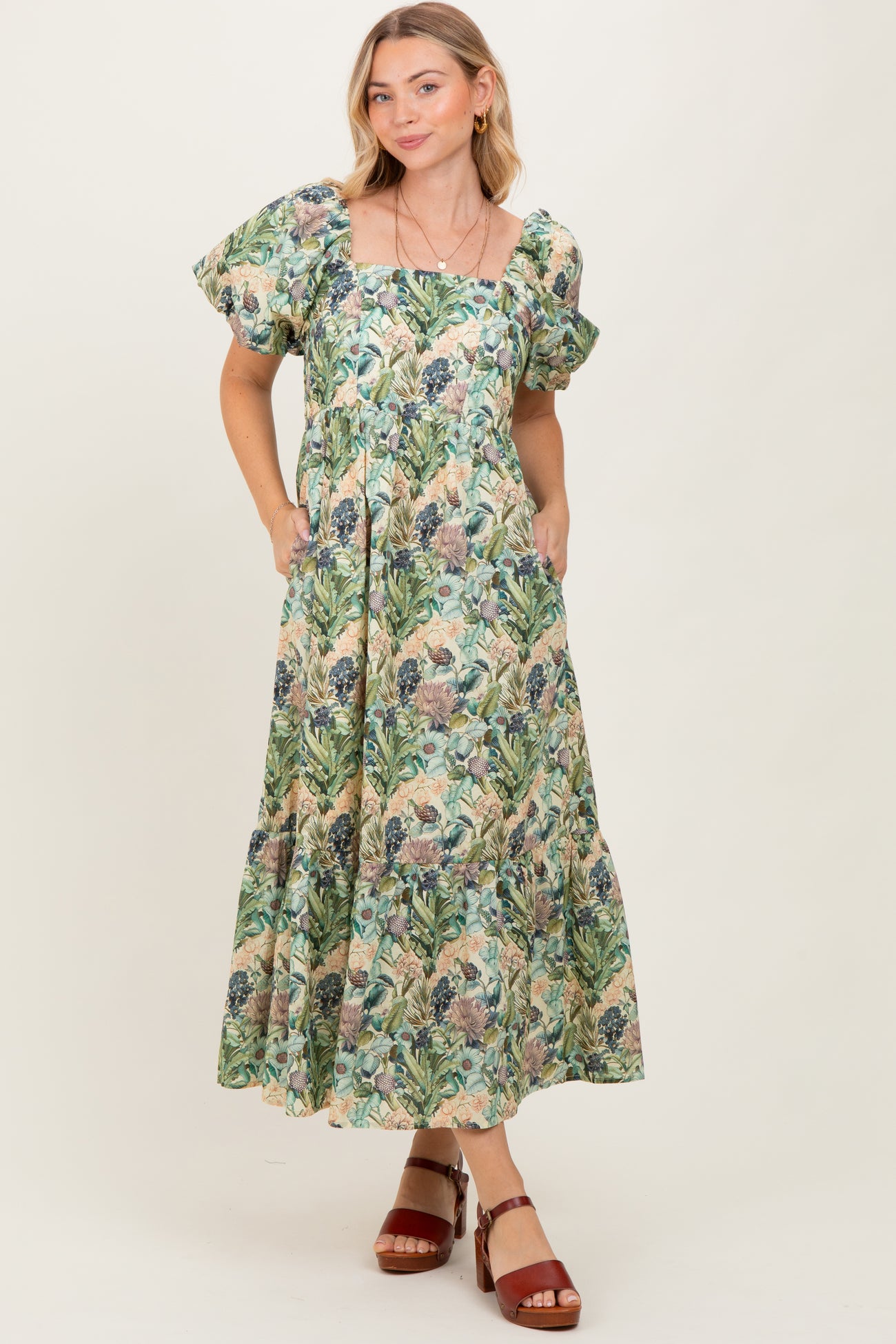 Multicolor Floral Puff Sleeve Bow Tie Detail Midi Dress