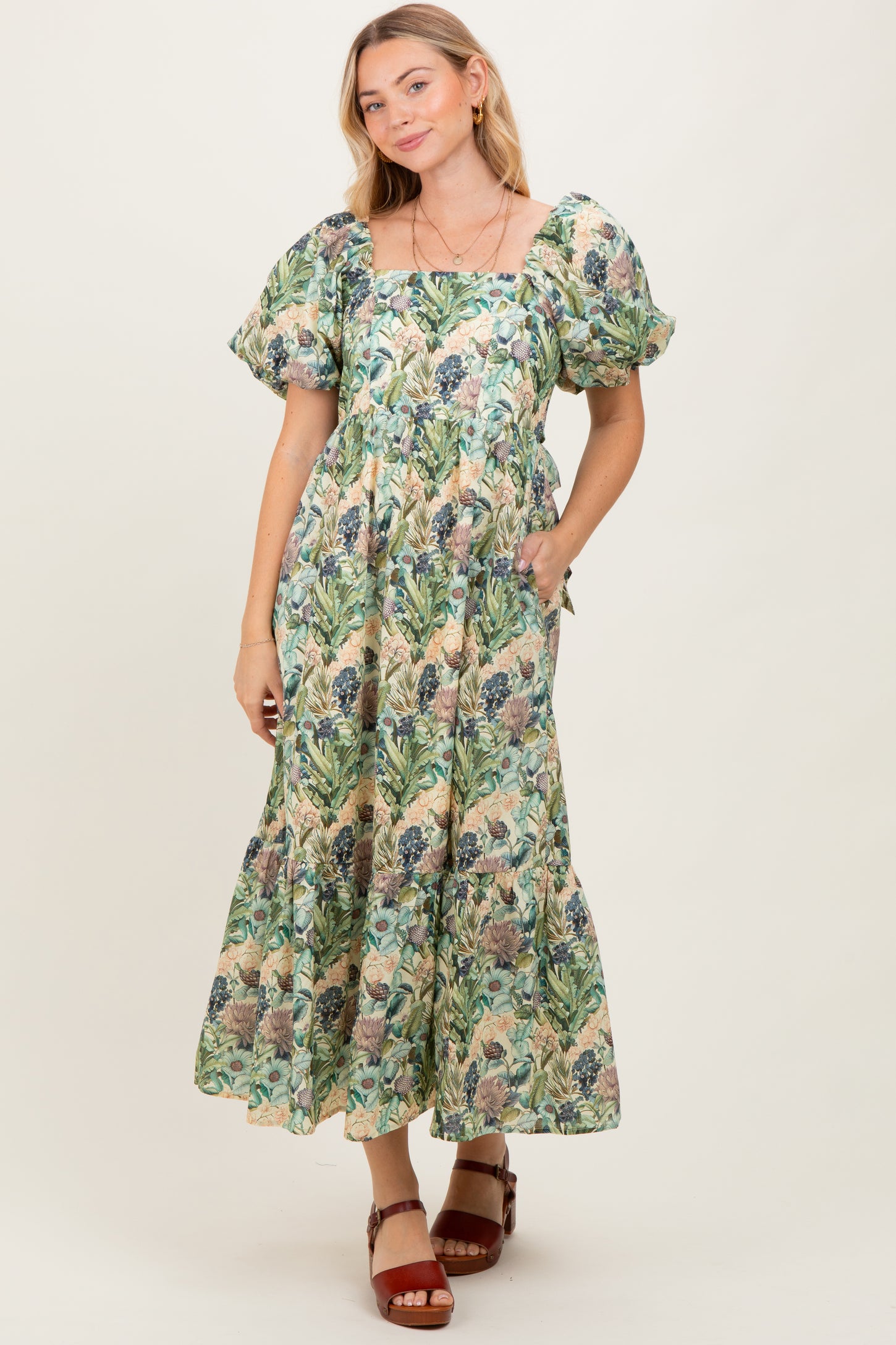 Multicolor Floral Puff Sleeve Bow Tie Detail Maternity Midi Dress