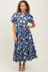 Navy Floral Split Button Collar Puff Sleeve Midi Dress