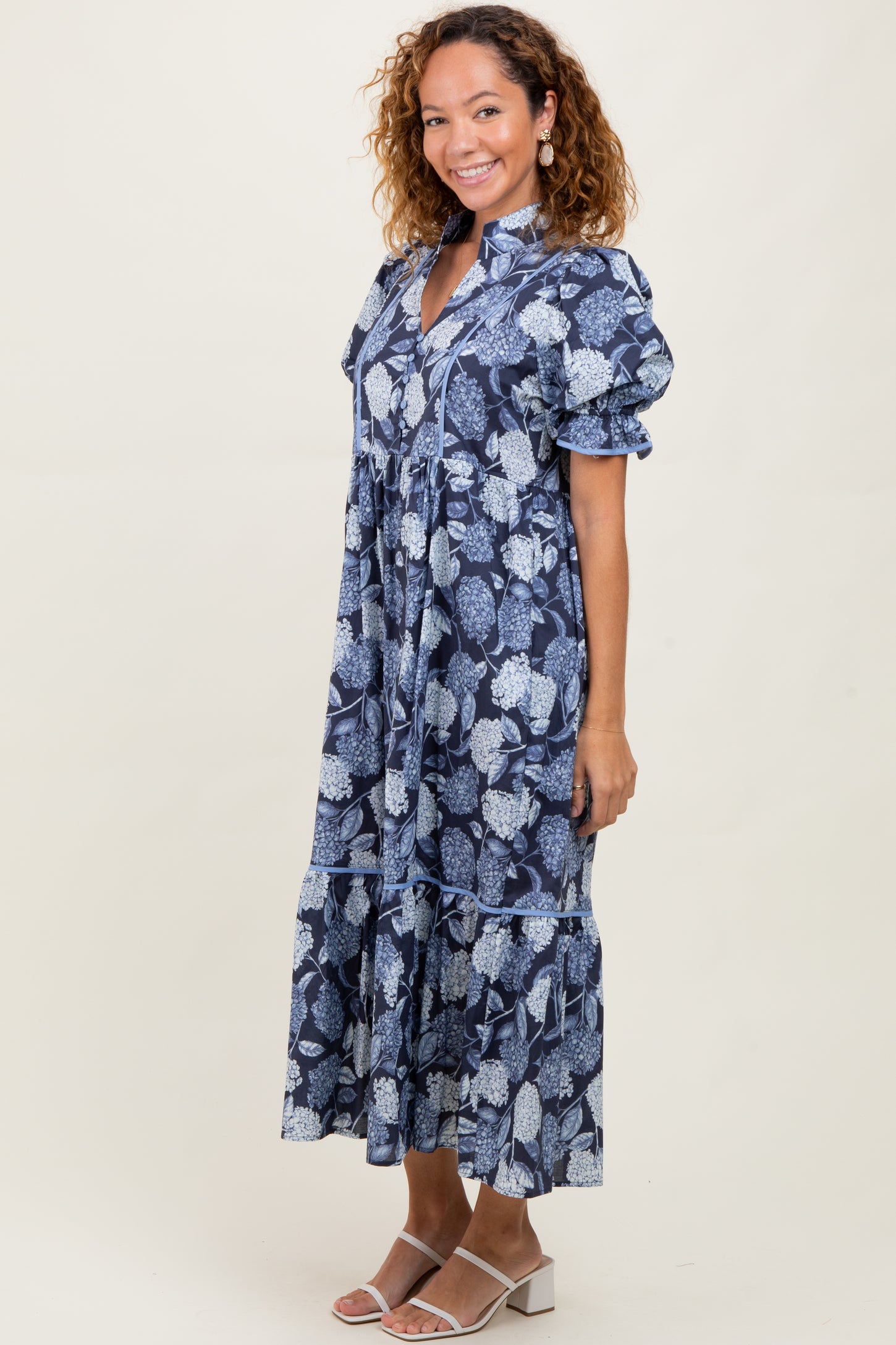 Navy Floral Split Button Collar Puff Sleeve Midi Dress