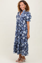 Navy Floral Split Button Collar Puff Sleeve Midi Dress