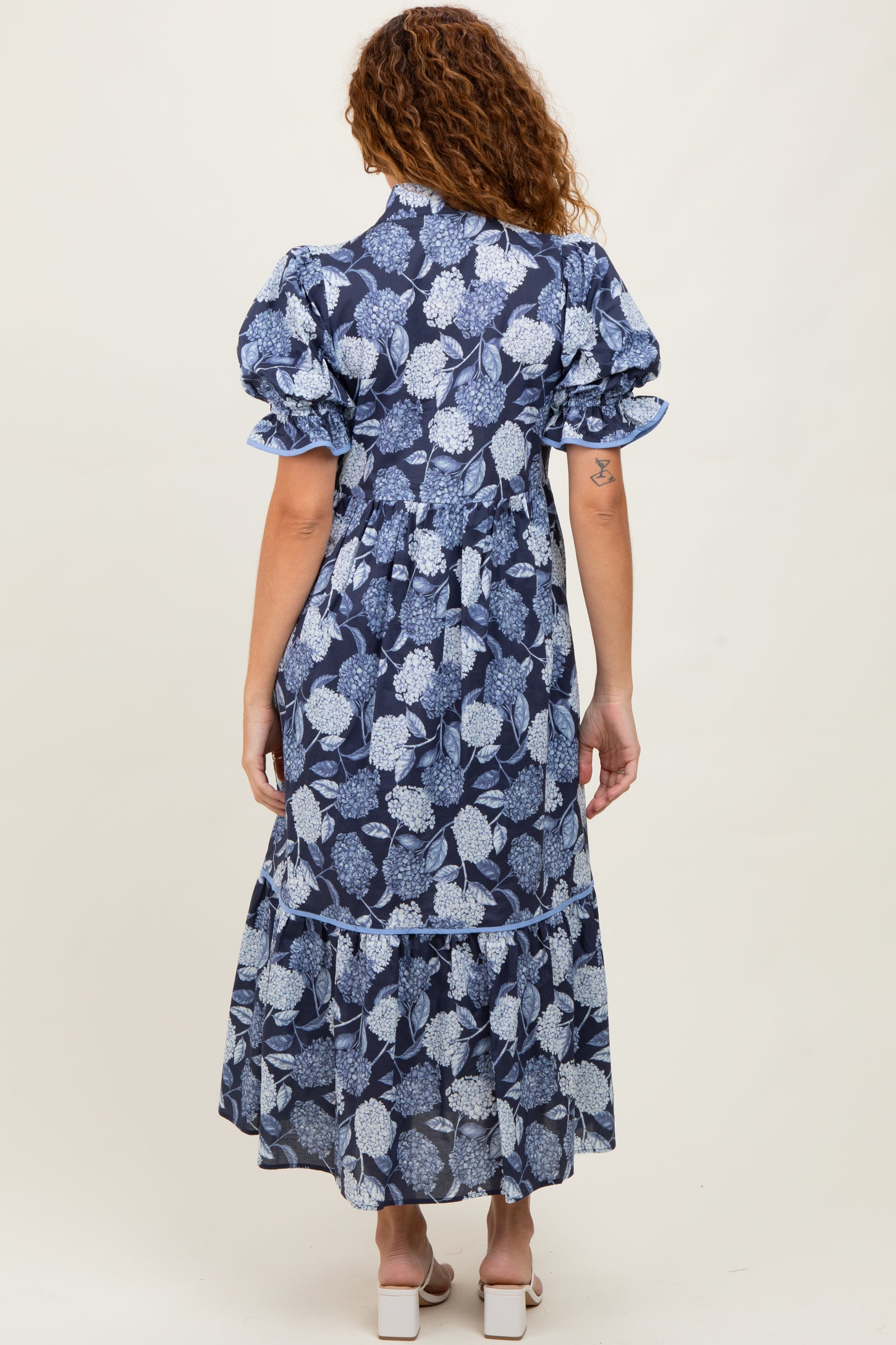Navy Floral Split Button Collar Puff Sleeve Midi Dress