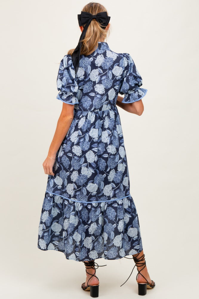 Navy Floral Split Button Collar Puff Sleeve Maternity Midi Dress