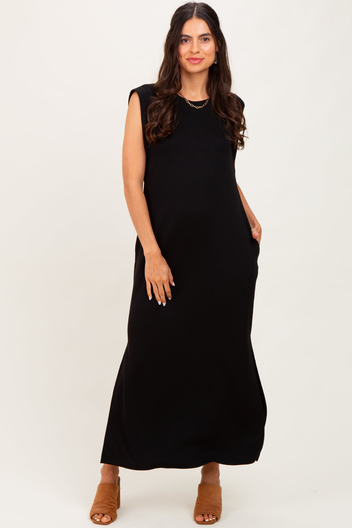 Black Sleeveless Side Slit Maternity Midi Dress