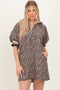 Taupe Animal Print Quarter Zip Puff Sleeve Mini Dress
