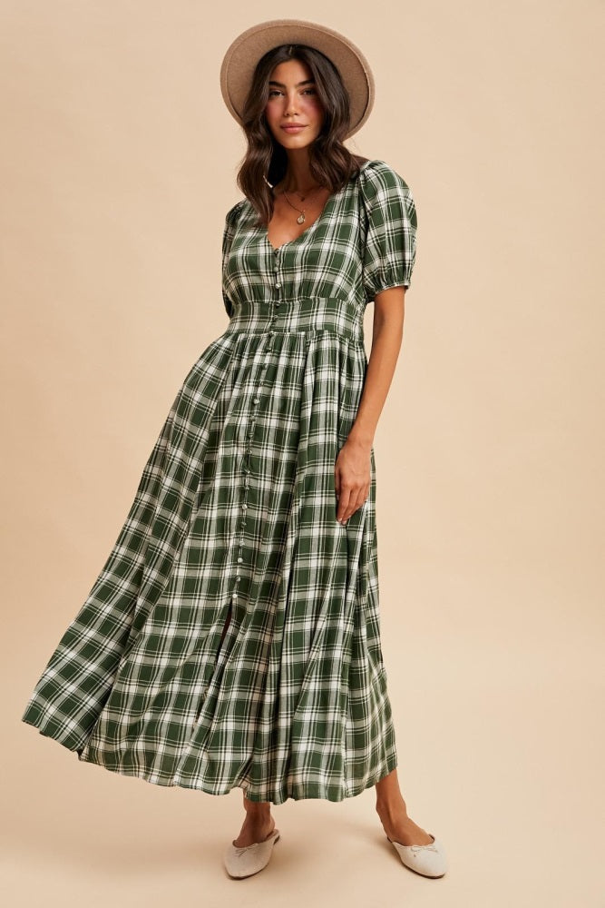 Forest Green Plaid Button Down Maternity Maxi Dress