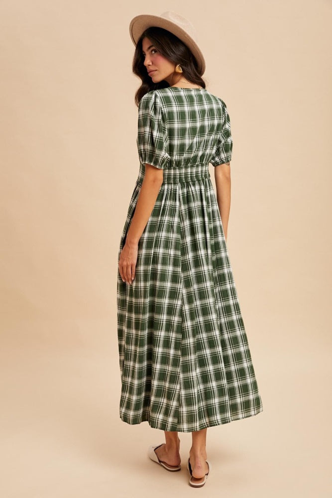 Forest Green Plaid Button Down Maxi Dress