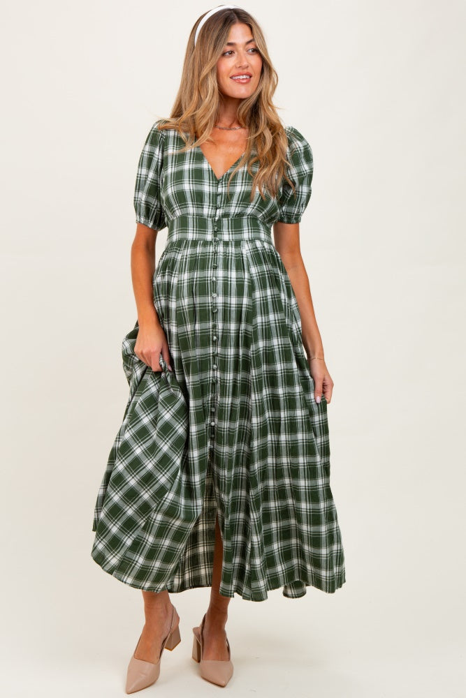 Forest Green Plaid Button Down Maternity Maxi Dress