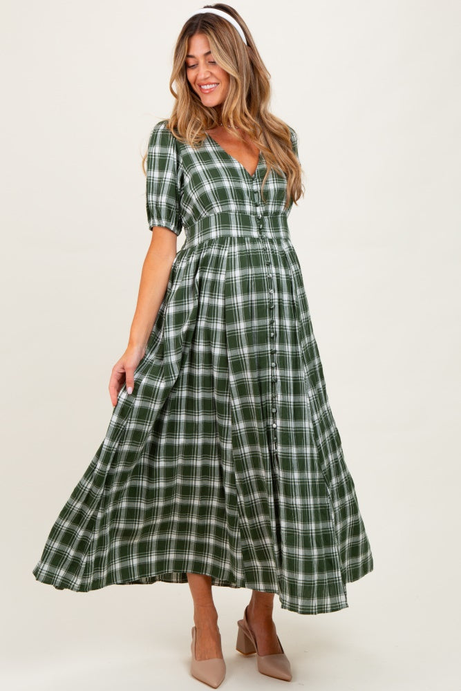 Forest Green Plaid Button Down Maternity Maxi Dress