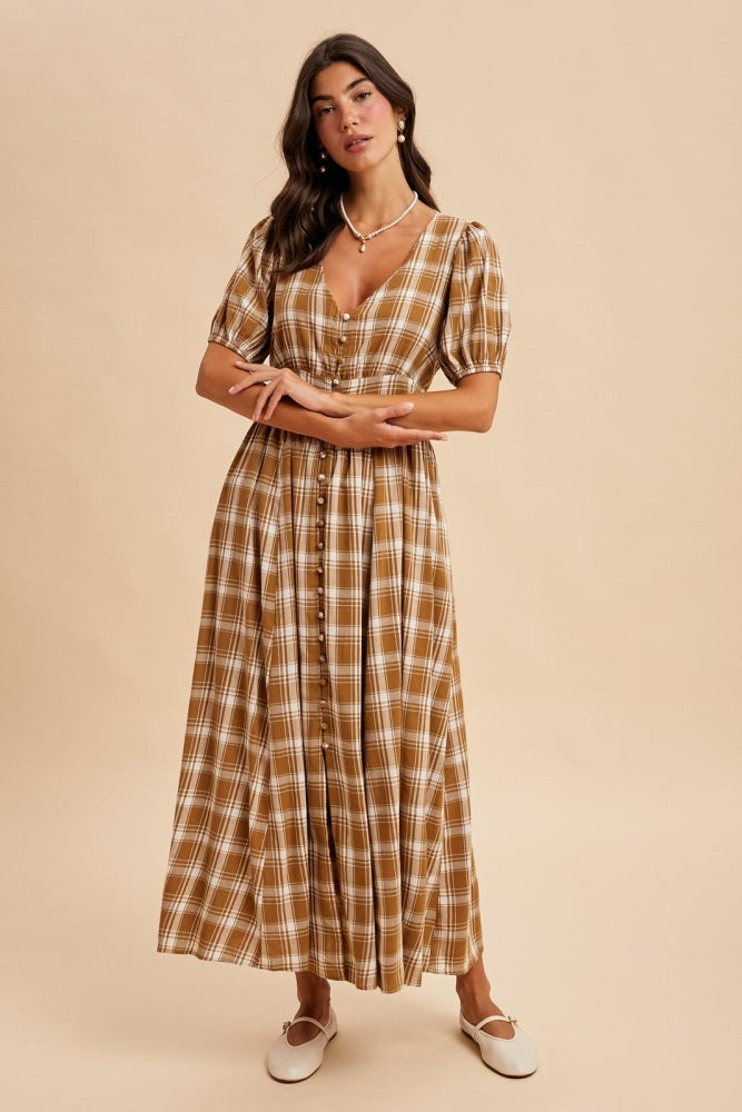 Camel Plaid Button Down Maxi Dress