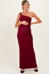 Burgundy Double Strap One Shoulder Maternity Maxi Dress
