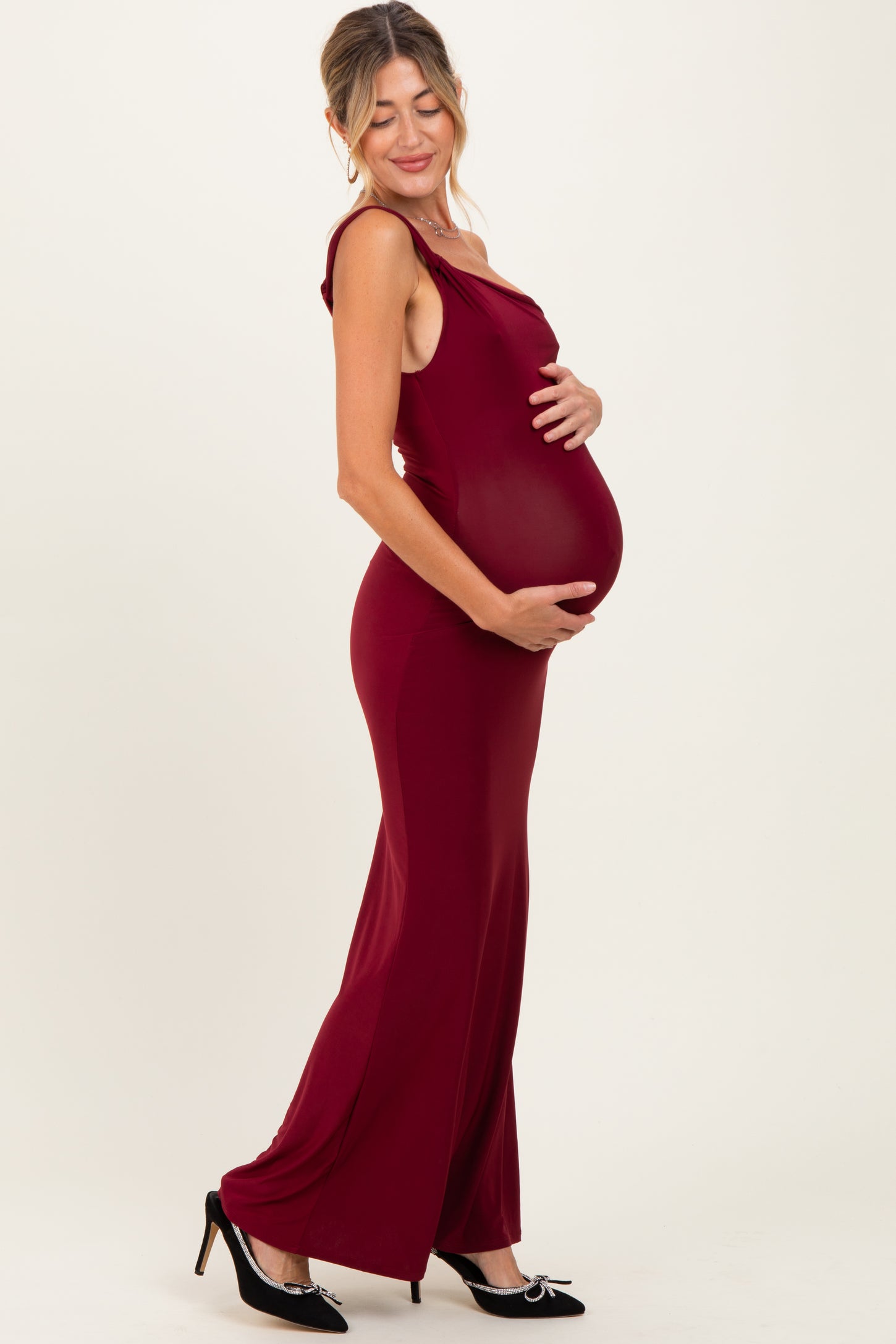 Burgundy Double Strap One Shoulder Maternity Maxi Dress