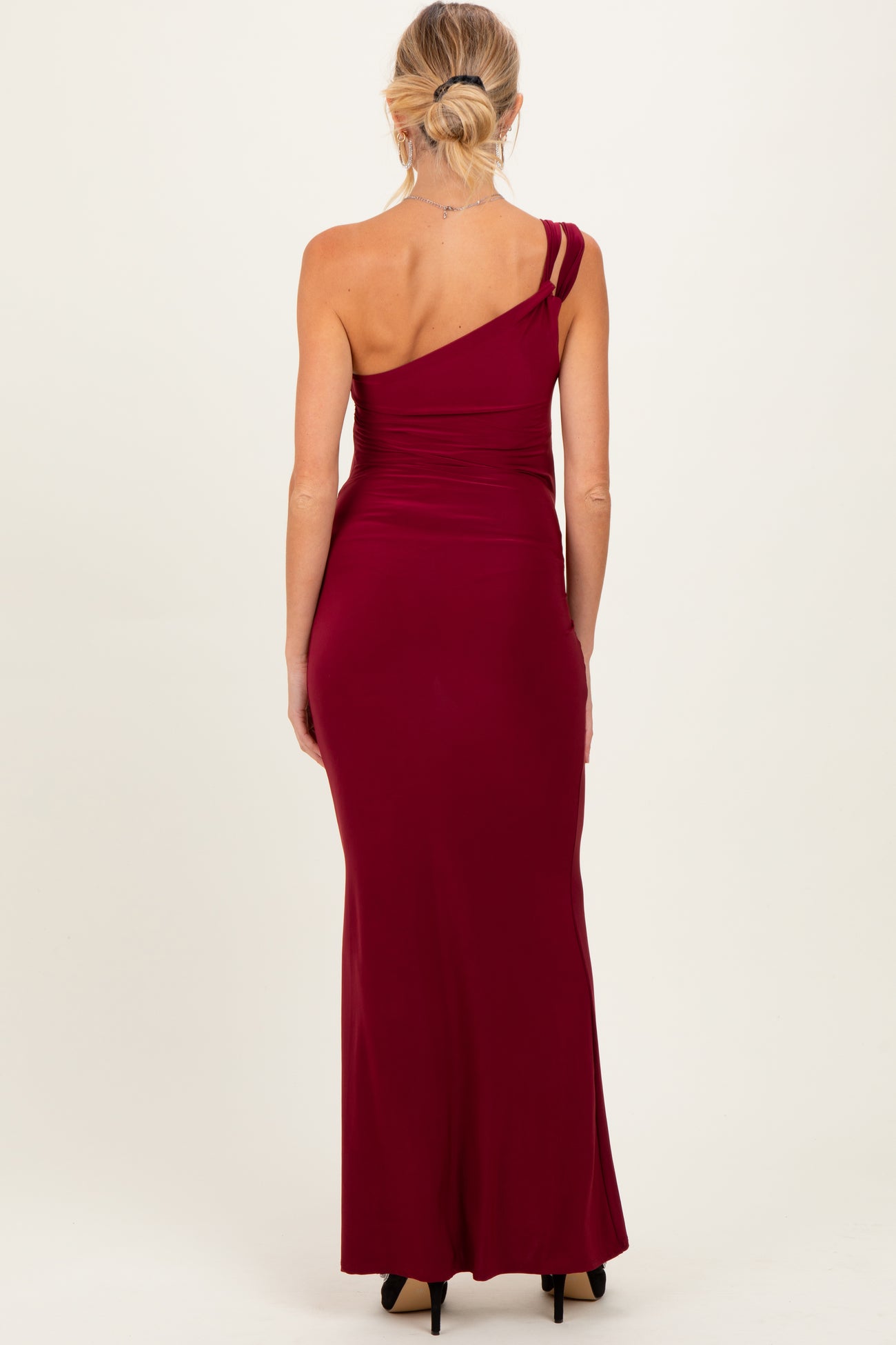 Burgundy Double Strap One Shoulder Maternity Maxi Dress