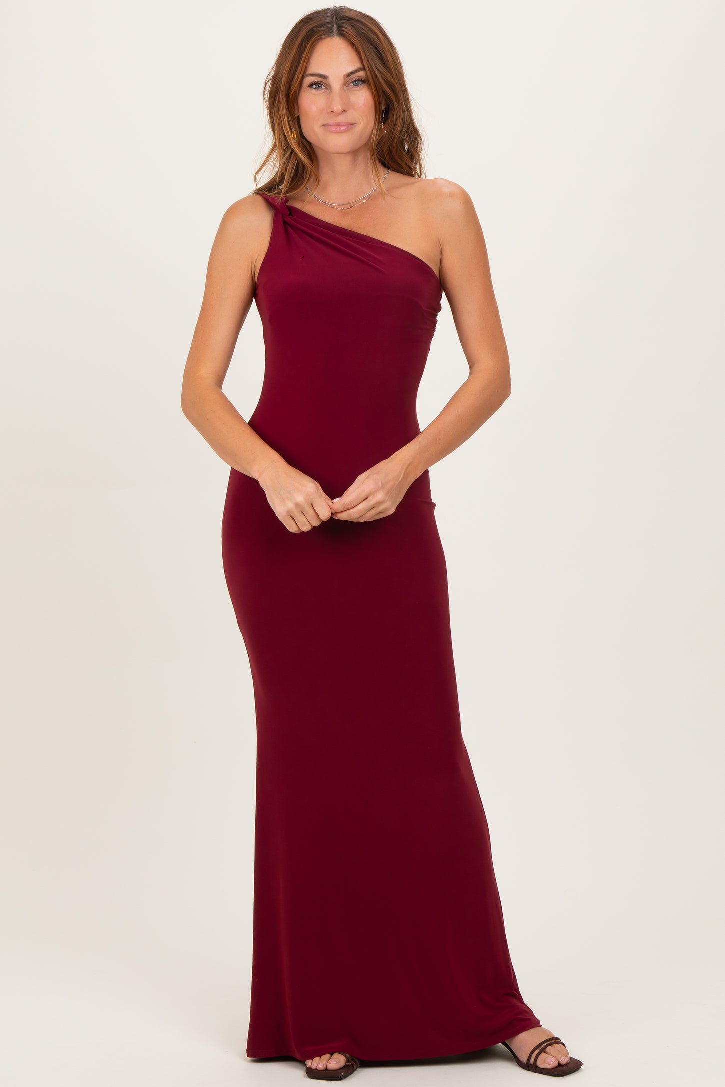 Burgundy Double Strap One Shoulder Maxi Dress