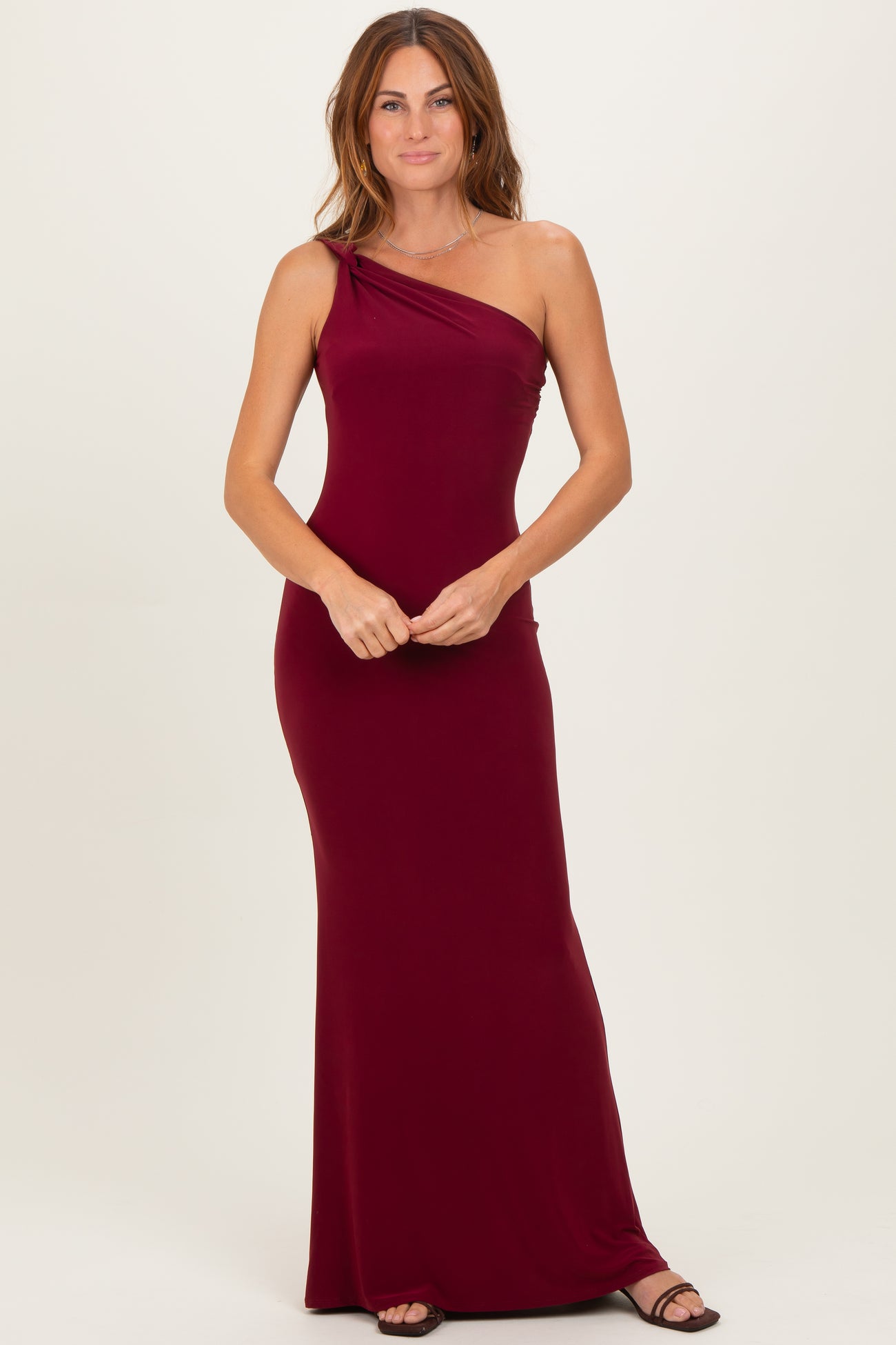 Burgundy Double Strap One Shoulder Maternity Maxi Dress