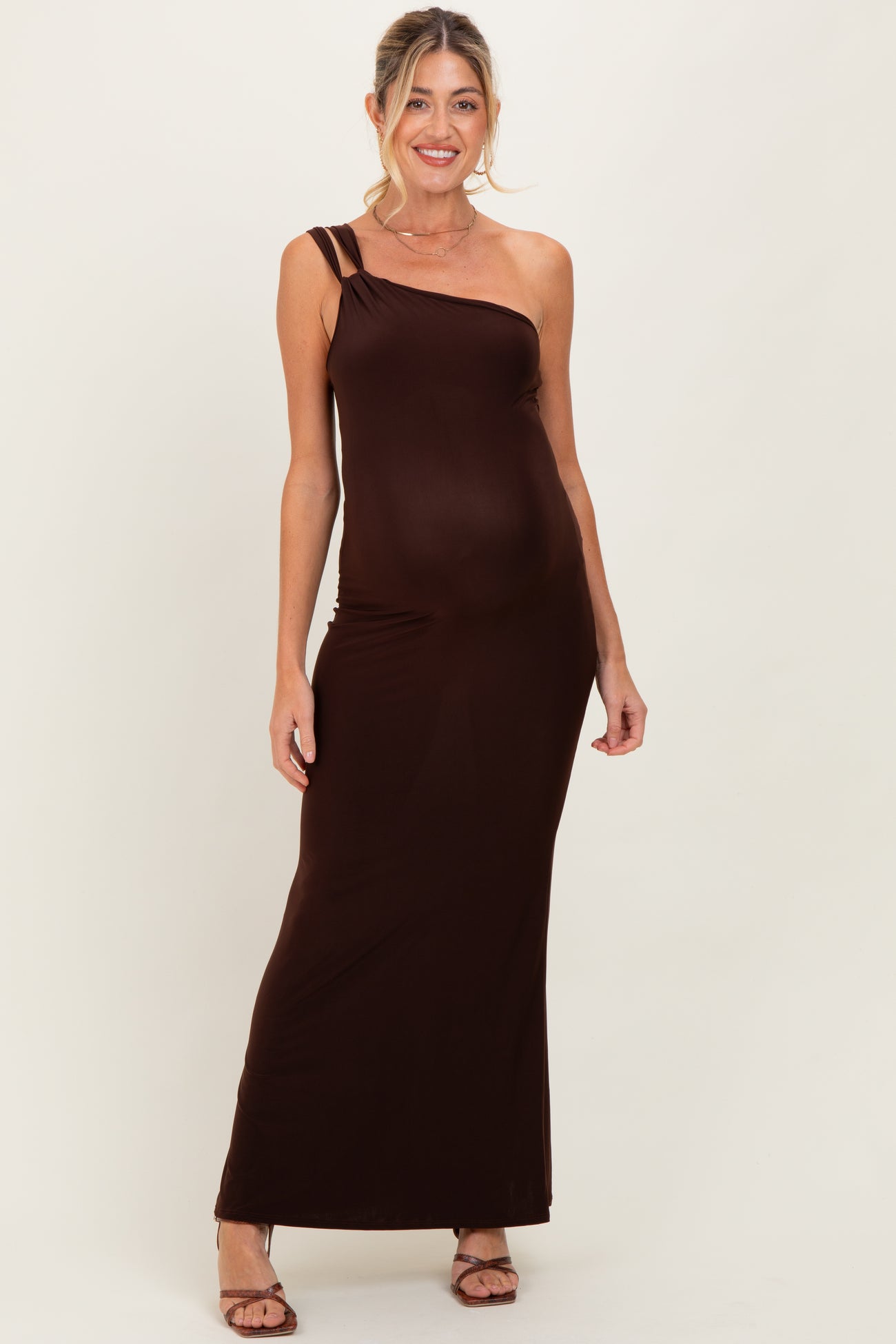 Brown Double Strap One Shoulder Maternity Maxi Dress
