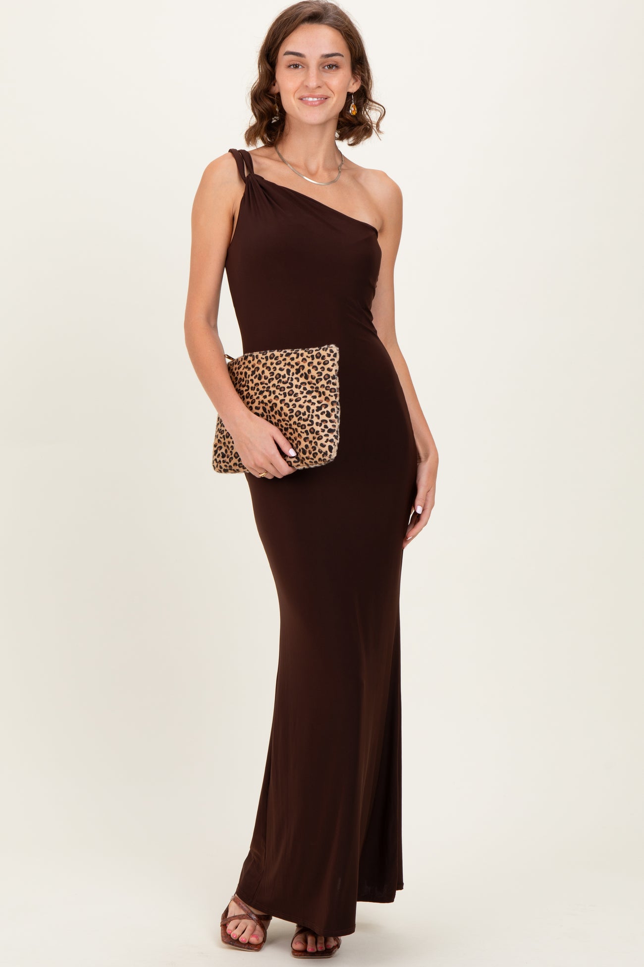 Brown Double Strap One Shoulder Maxi Dress