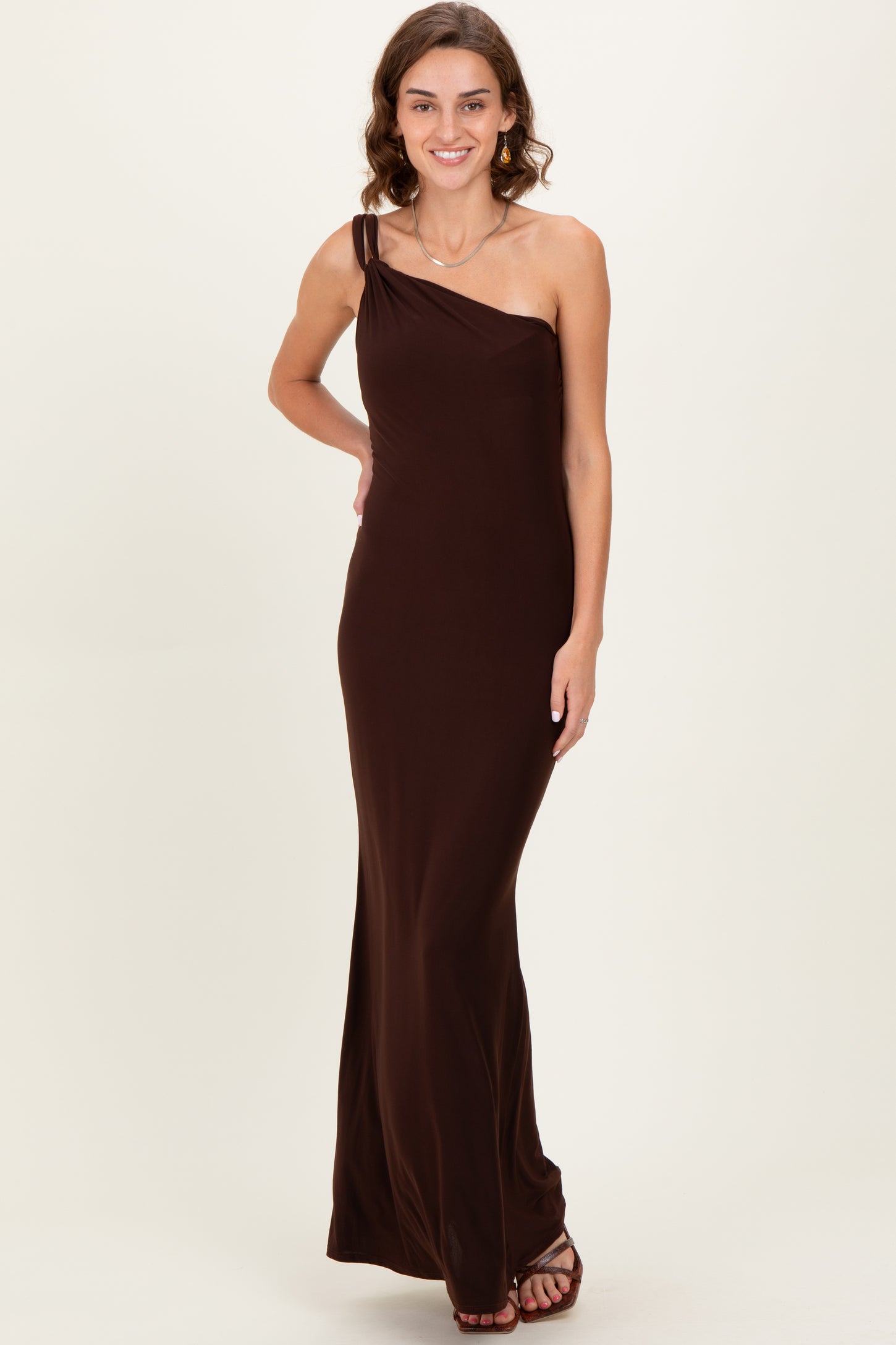 Brown Double Strap One Shoulder Maxi Dress