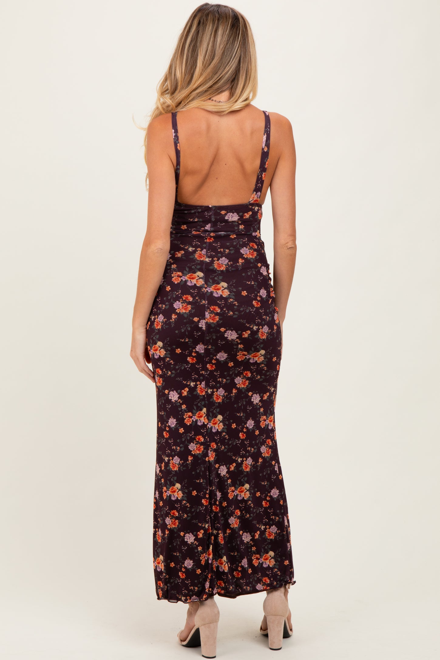 Brown Floral Deep V-Neck Sleeveless Maternity Maxi Dress