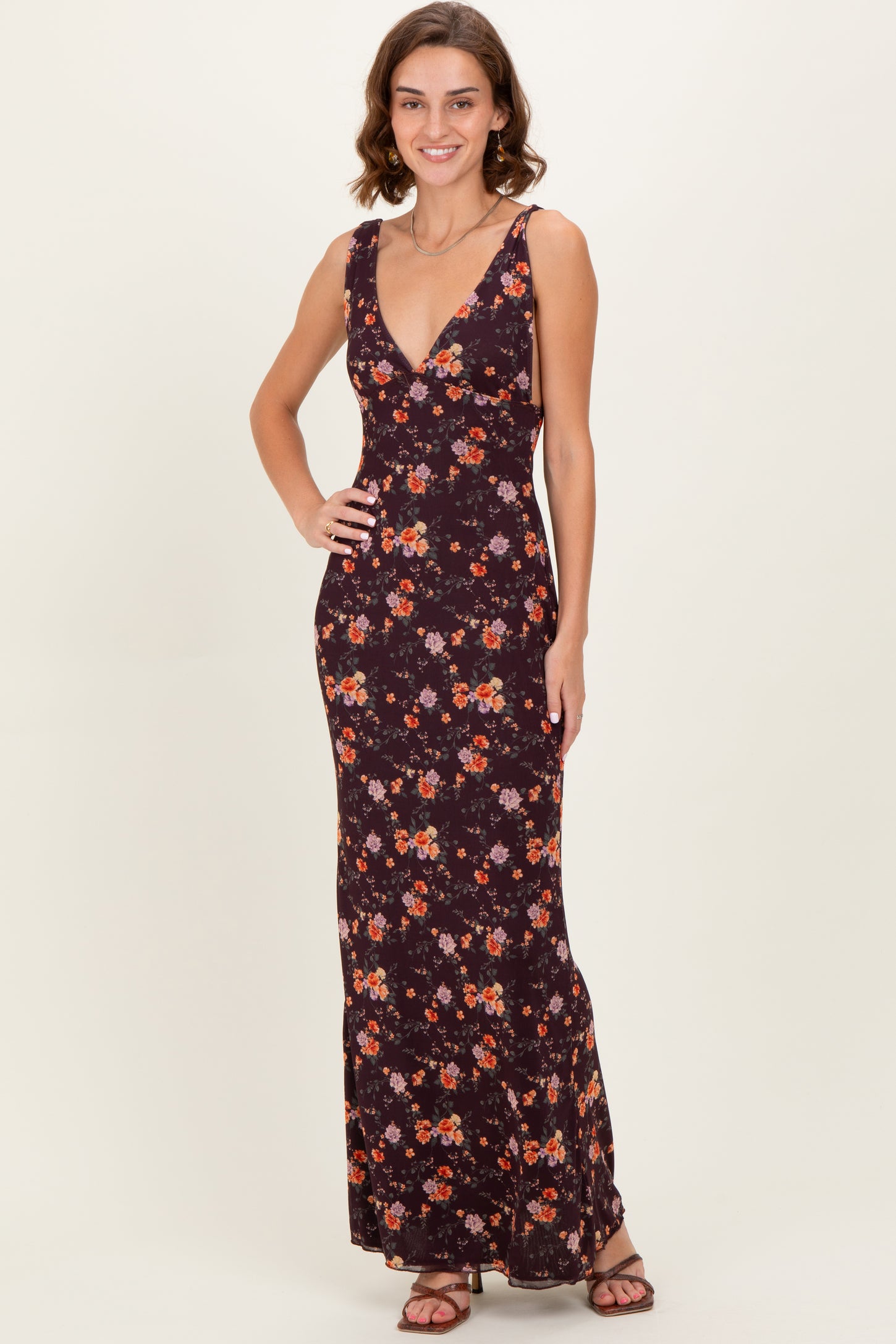 Brown Floral Deep V-Neck Sleeveless Maxi Dress