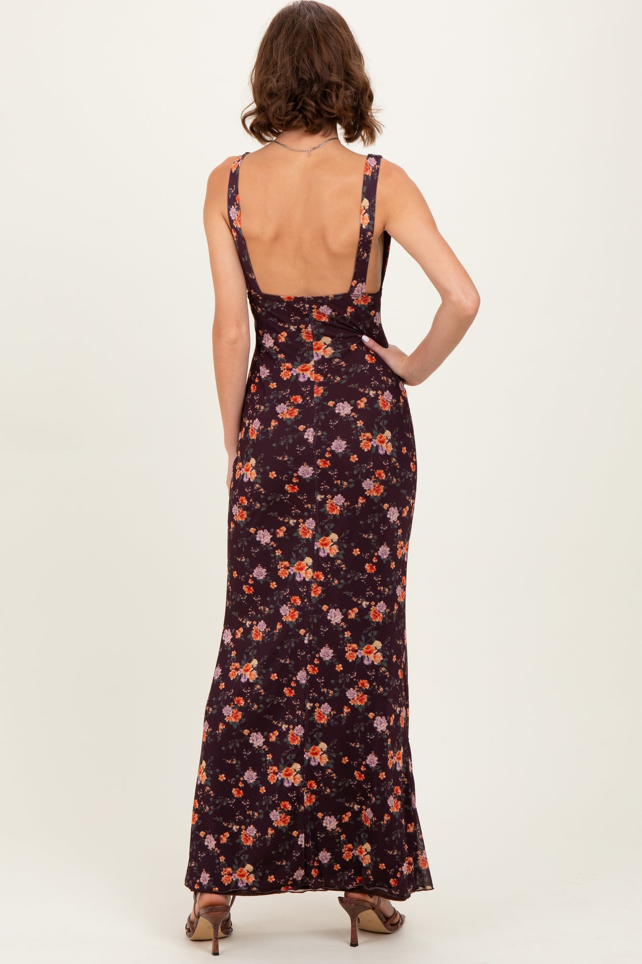 Brown Floral Deep V-Neck Sleeveless Maxi Dress