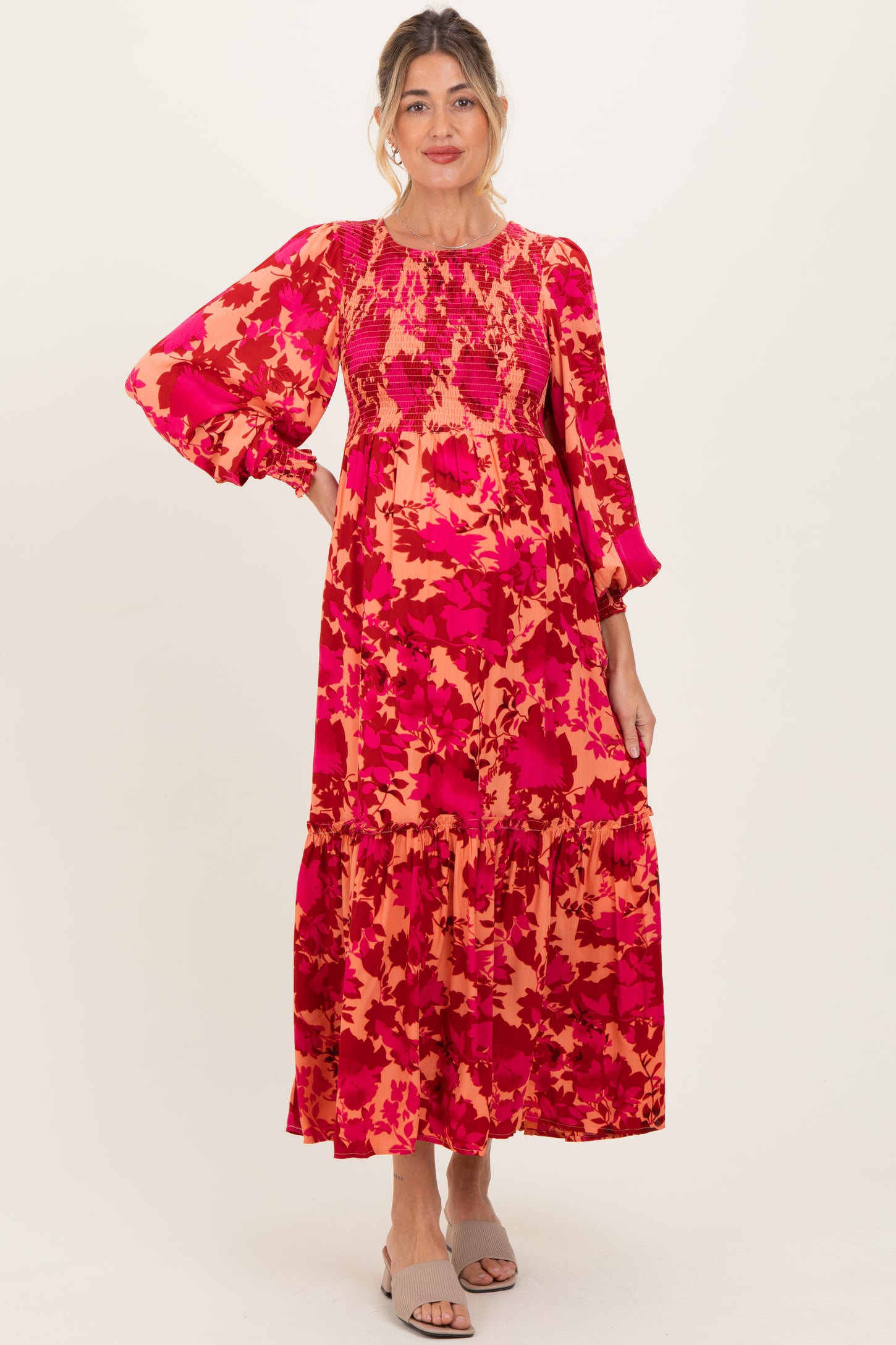 Red Floral Smocked Bodice Long Sleeve Maternity Maxi Dress