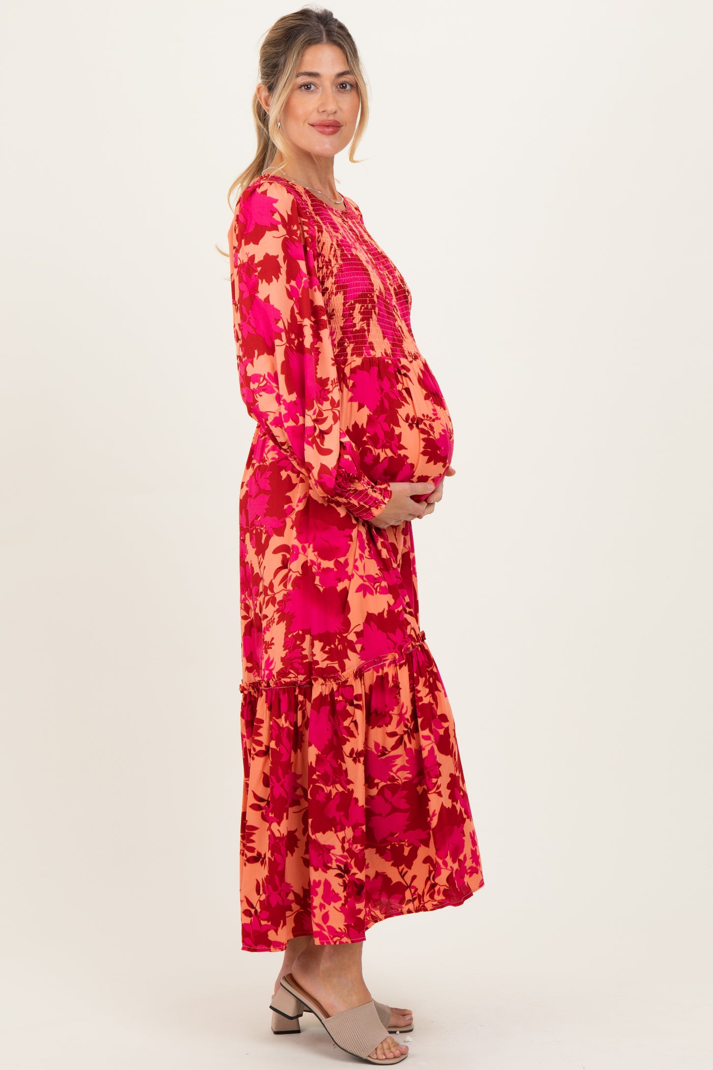 Red Floral Smocked Bodice Long Sleeve Maternity Maxi Dress