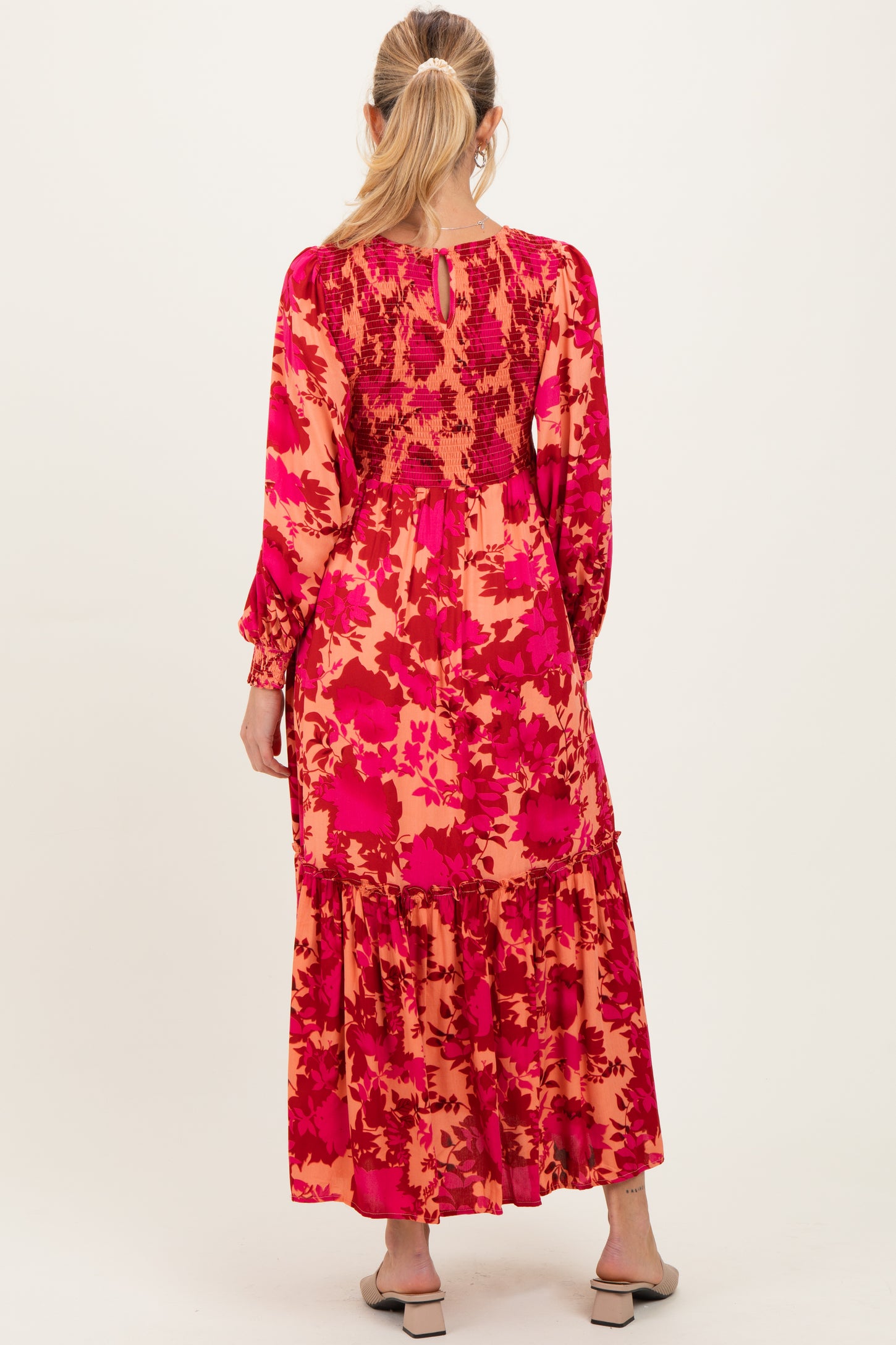 Red Floral Smocked Bodice Long Sleeve Maternity Maxi Dress