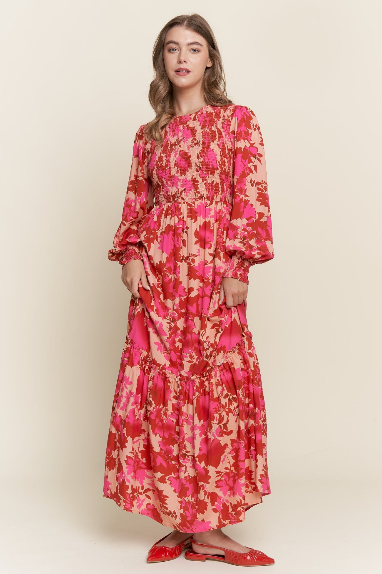 Red Floral Smocked Bodice Long Sleeve Maternity Maxi Dress