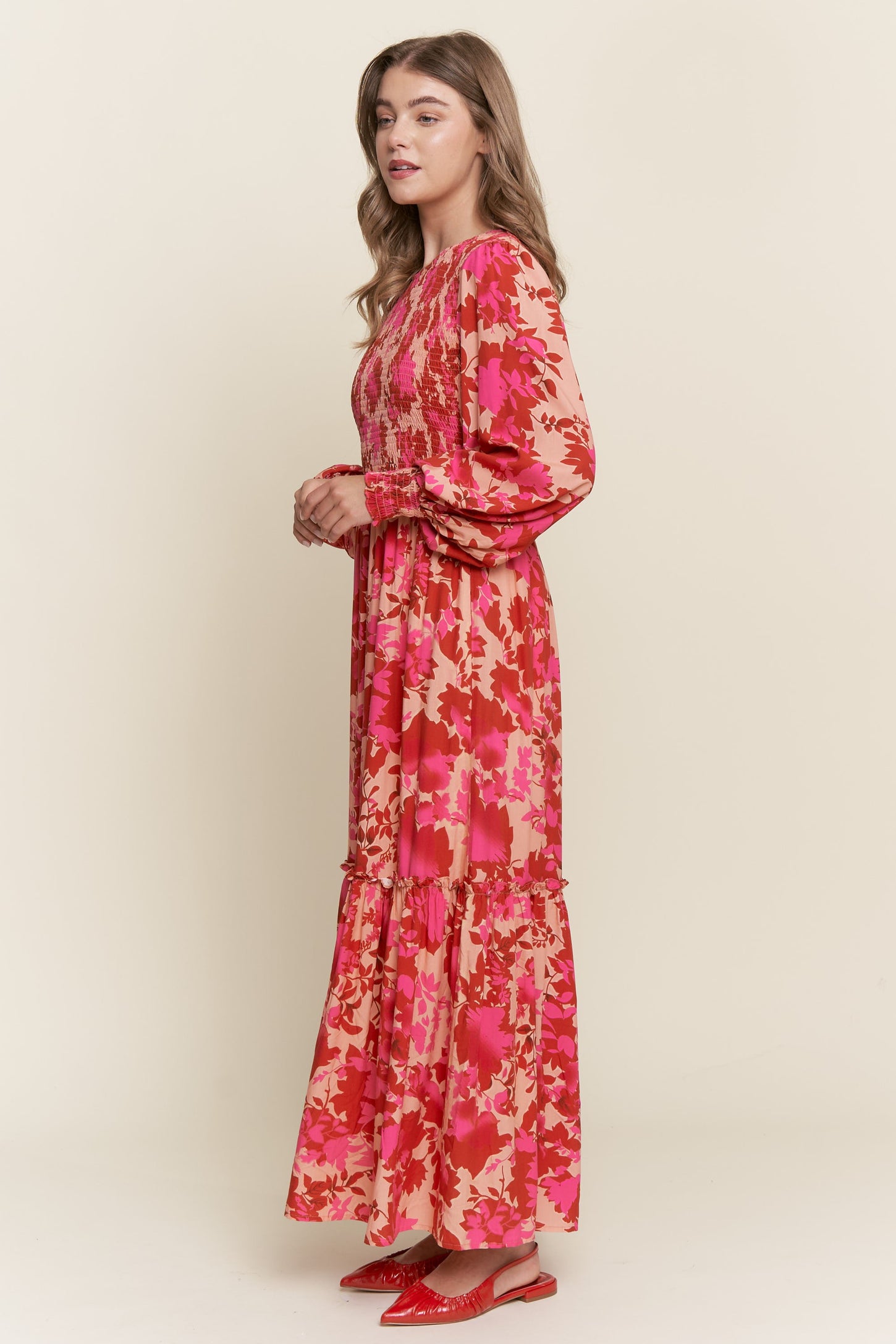 Red Floral Smocked Bodice Long Sleeve Maxi Dress