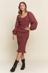 Burgundy Plaid Long Sleeve Bodycon Maternity Midi Dress