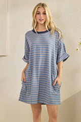 Blue Stripe Knit Short Sleeve T-Shirt Dress