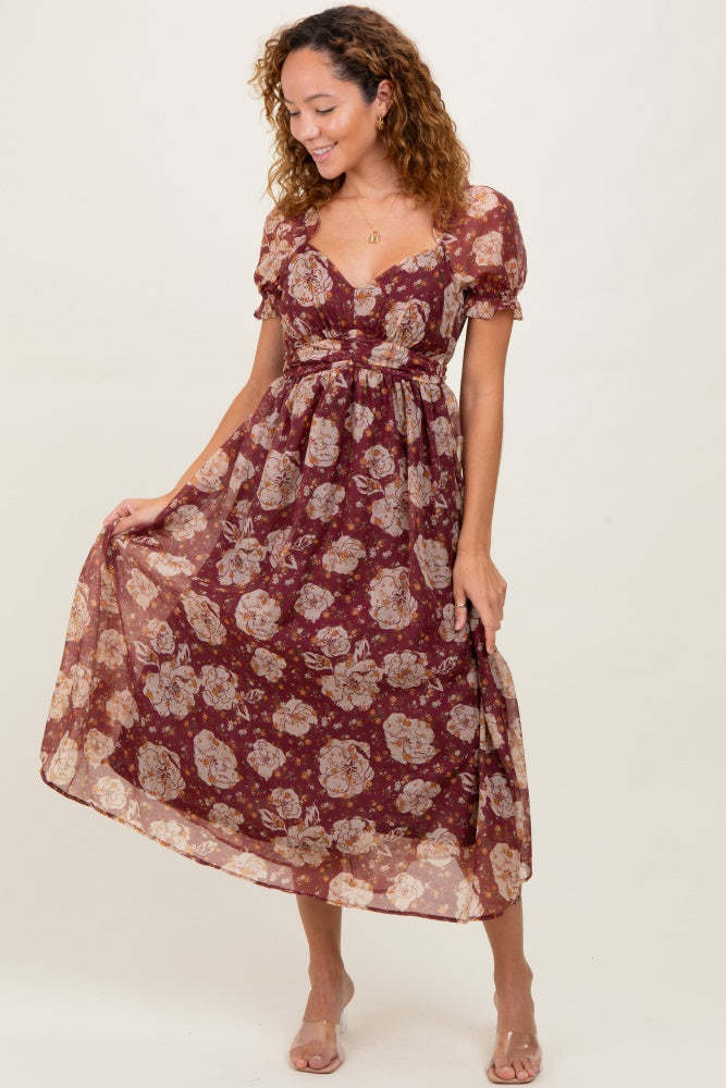 Burgundy Floral Chiffon Sweetheart Neckline Maternity Midi Dress