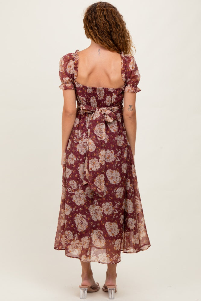 Burgundy Floral Chiffon Sweetheart Neckline Midi Dress
